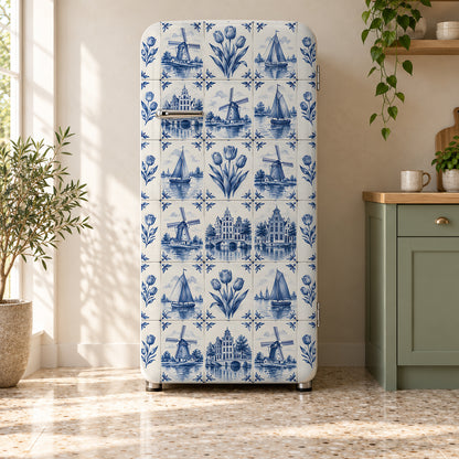 Delft Blue Tiles fridge wrap on a retro refrigerator