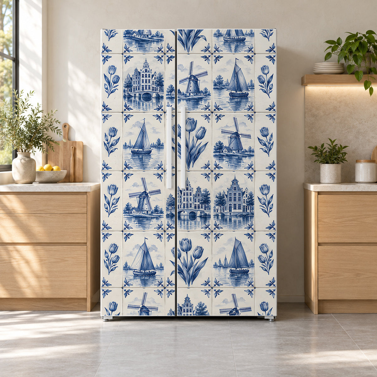 Delft Blue Tiles fridge wrap on a side-by-side refrigerator