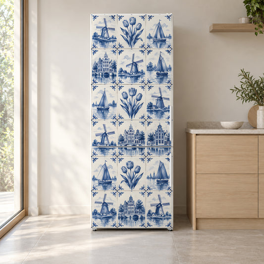 Delft Blue Tiles fridge wrap on a white refrigerator in a bright kitchen