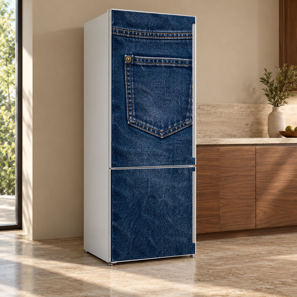 Denim Texture fridge wrap, refrigerator shown at an angle
