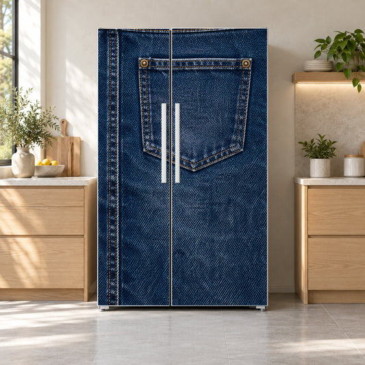 Denim Texture fridge wrap on a side-by-side refrigerator