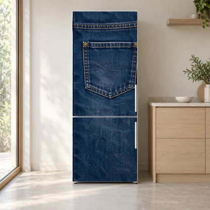 Denim Texture fridge wrap on a white refrigerator in a bright kitchen