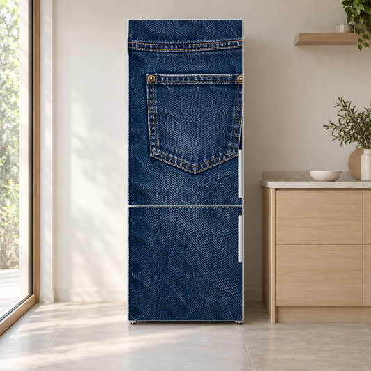 Denim Texture fridge wrap on a white refrigerator in a bright kitchen