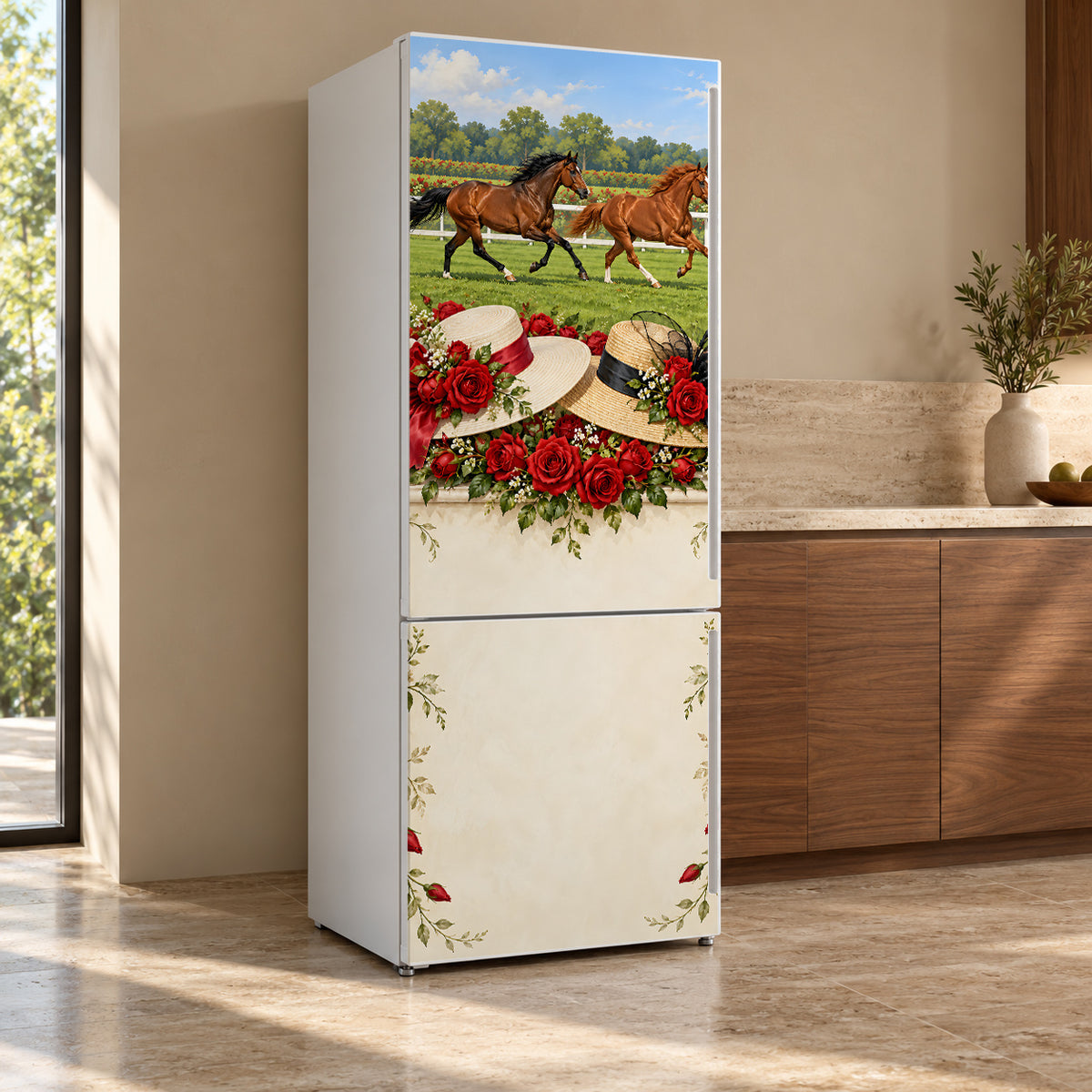 Derby Day Roses & Racehorses fridge wrap, refrigerator shown at an angle