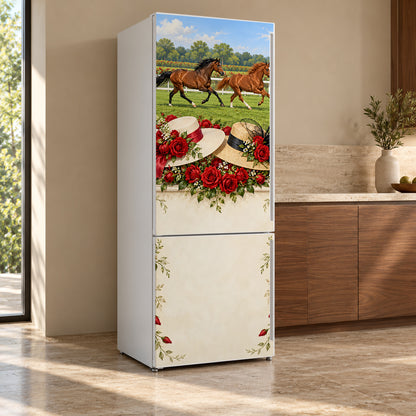 Derby Day Roses & Racehorses fridge wrap, refrigerator shown at an angle