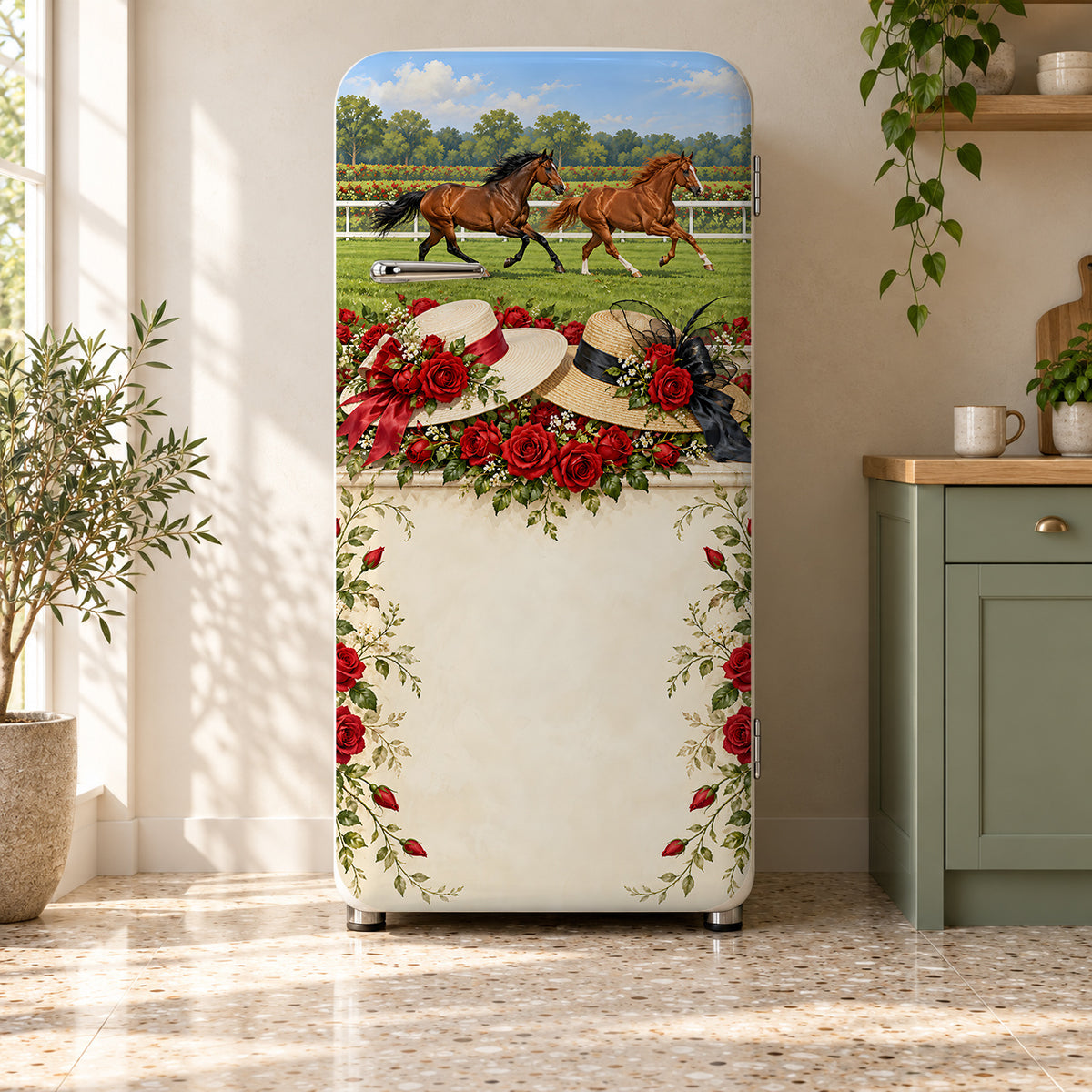 Derby Day Roses & Racehorses fridge wrap on a retro refrigerator