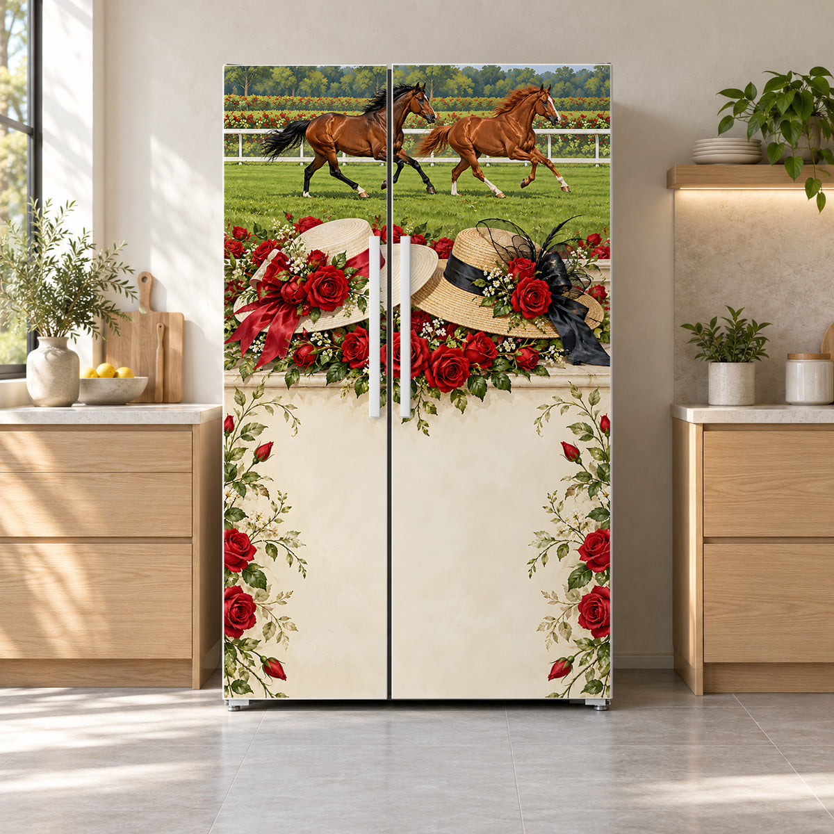 Derby Day Roses & Racehorses fridge wrap on a side-by-side refrigerator