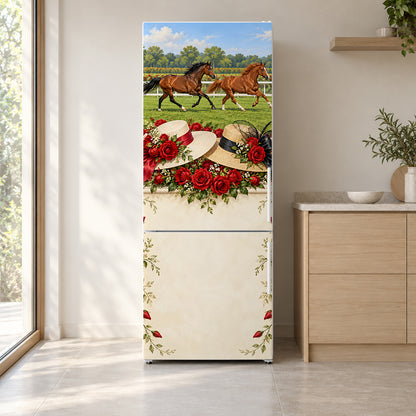 Derby Day Roses & Racehorses fridge wrap on a white refrigerator in a bright kitchen