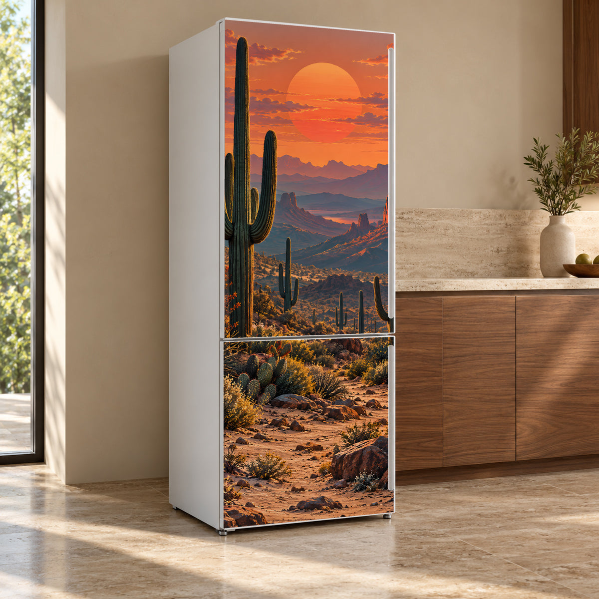 Desert Saguaro Sunset fridge wrap, refrigerator shown at an angle