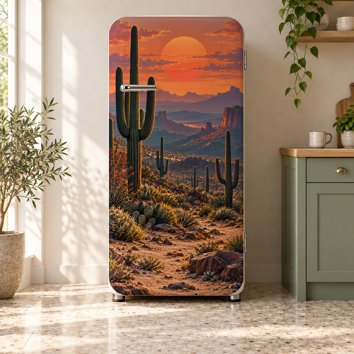 Desert Saguaro Sunset fridge wrap on a retro refrigerator