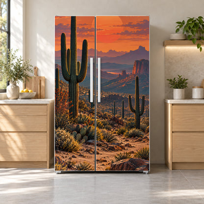 Desert Saguaro Sunset fridge wrap on a side-by-side refrigerator