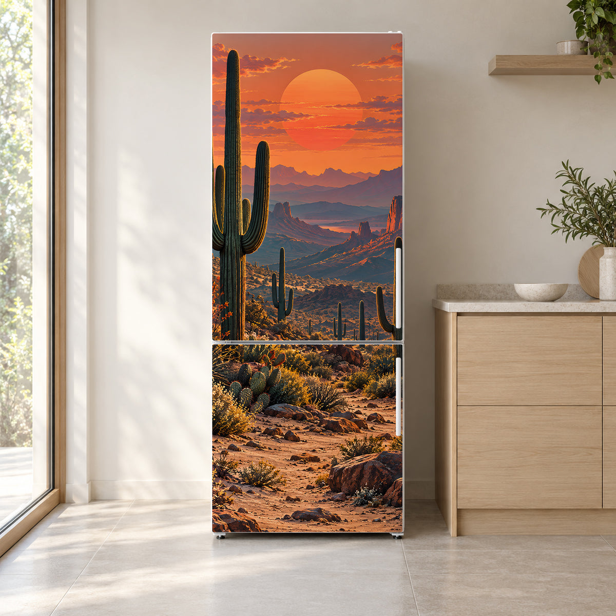 Desert Saguaro Sunset fridge wrap on a white refrigerator in a bright kitchen