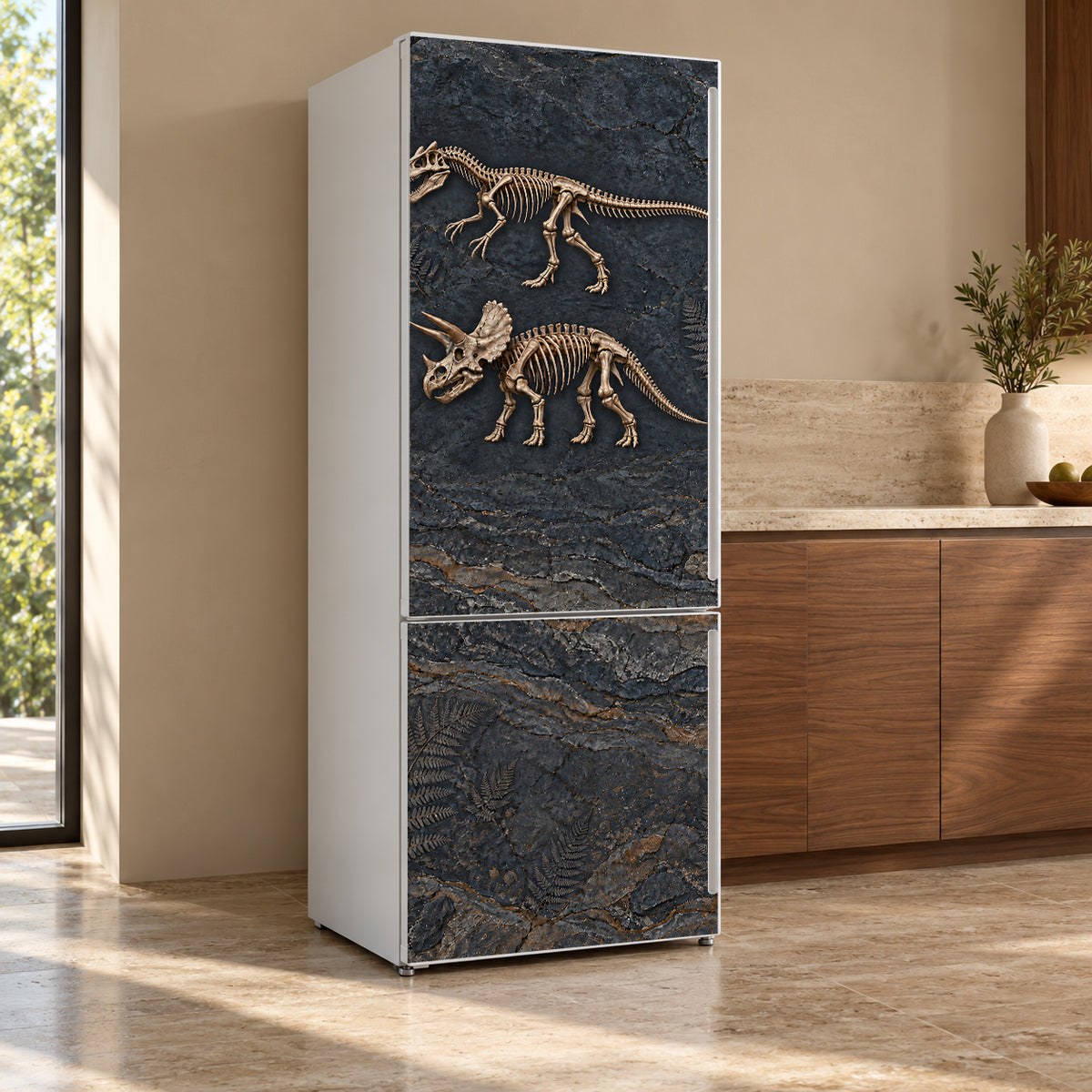 Dinosaur Fossils fridge wrap, refrigerator shown at an angle