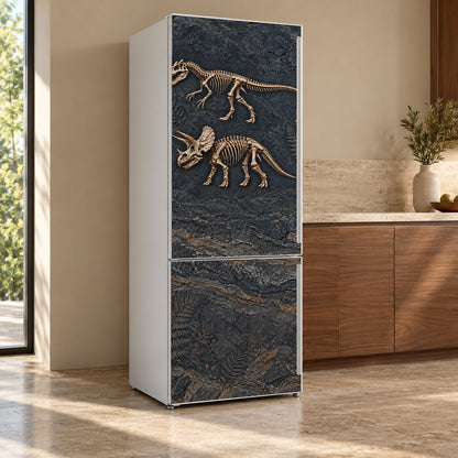 Dinosaur Fossils fridge wrap, refrigerator shown at an angle
