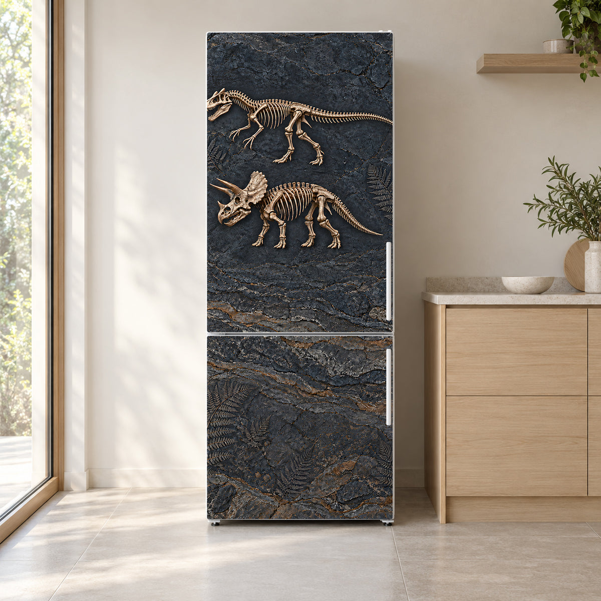 Dinosaur Fossils fridge wrap on a white refrigerator in a bright kitchen