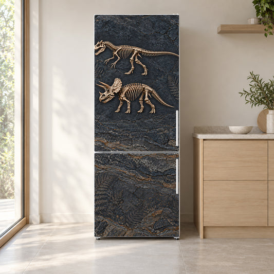 Dinosaur Fossils fridge wrap on a white refrigerator in a bright kitchen