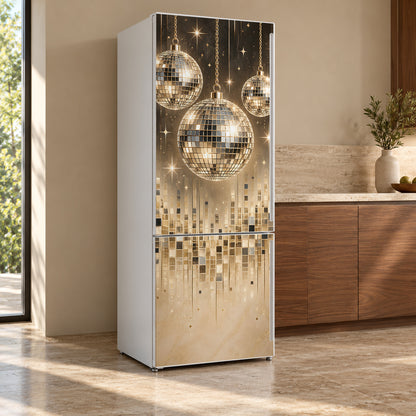 Disco Balls fridge wrap, refrigerator shown at an angle