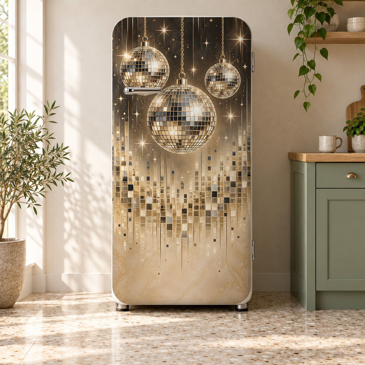 Disco Balls fridge wrap on a retro refrigerator