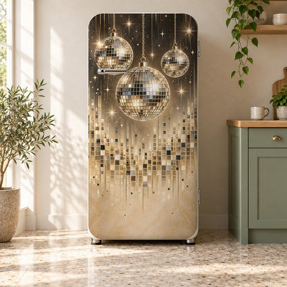 Disco Balls fridge wrap on a retro refrigerator