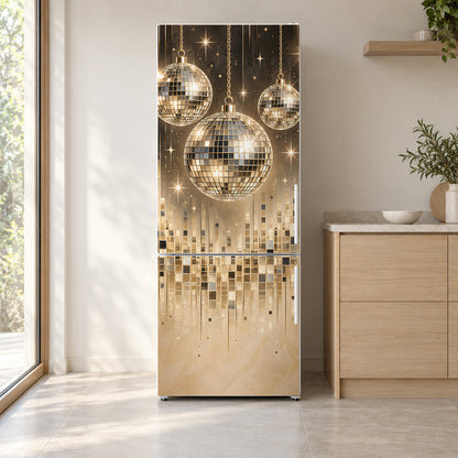 Disco Balls fridge wrap on a white refrigerator in a bright kitchen
