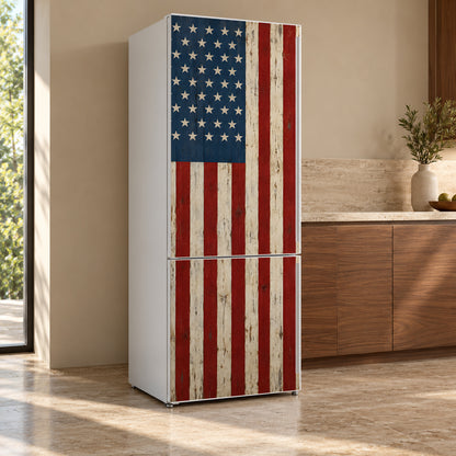 Distressed American Flag fridge wrap, refrigerator shown at an angle