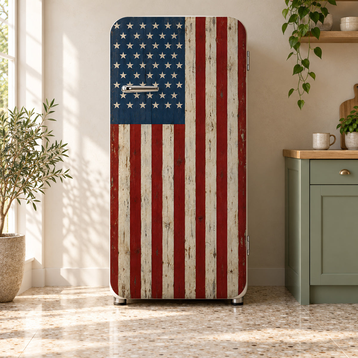 Distressed American Flag fridge wrap on a retro refrigerator
