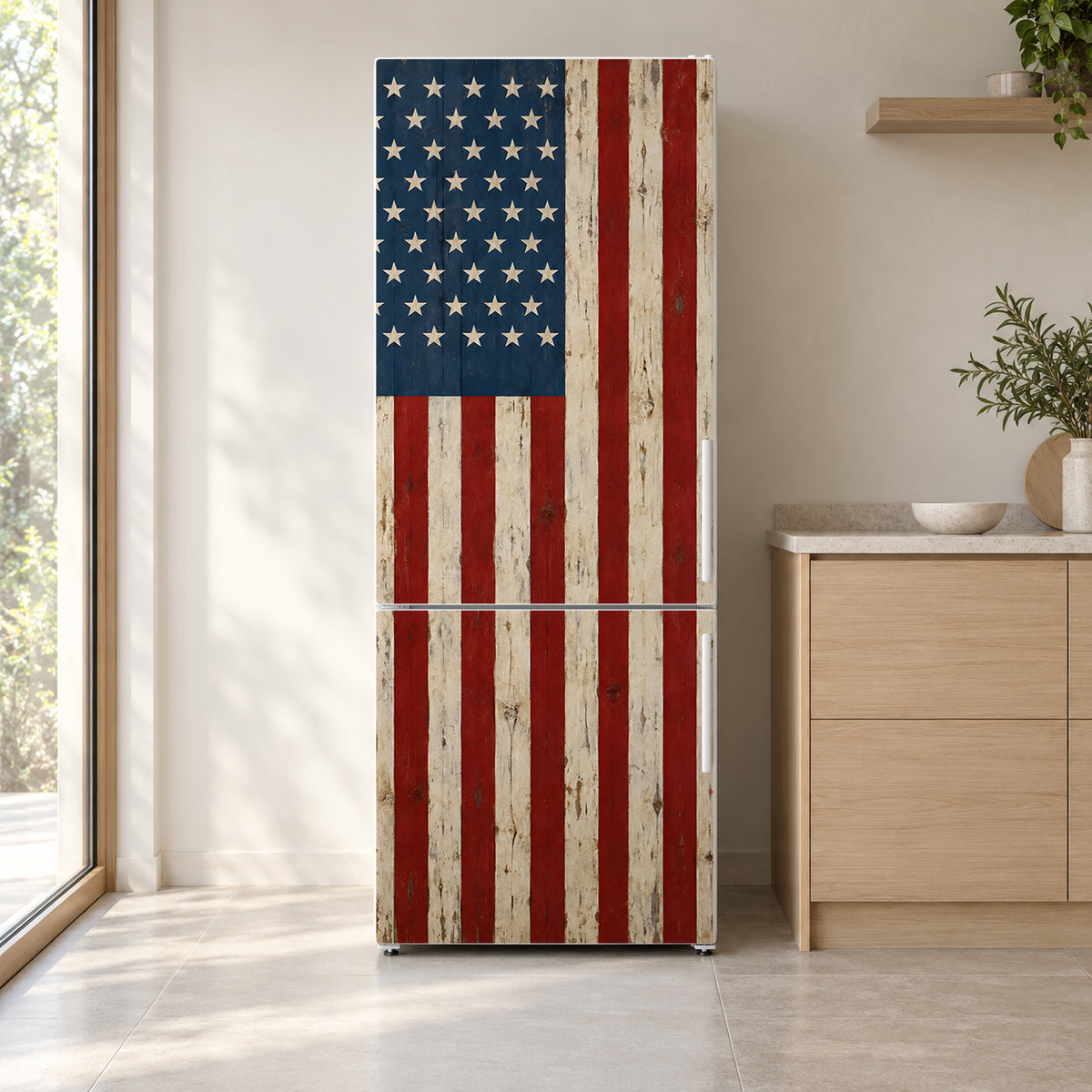 Distressed American Flag fridge wrap on a white refrigerator in a bright kitchen