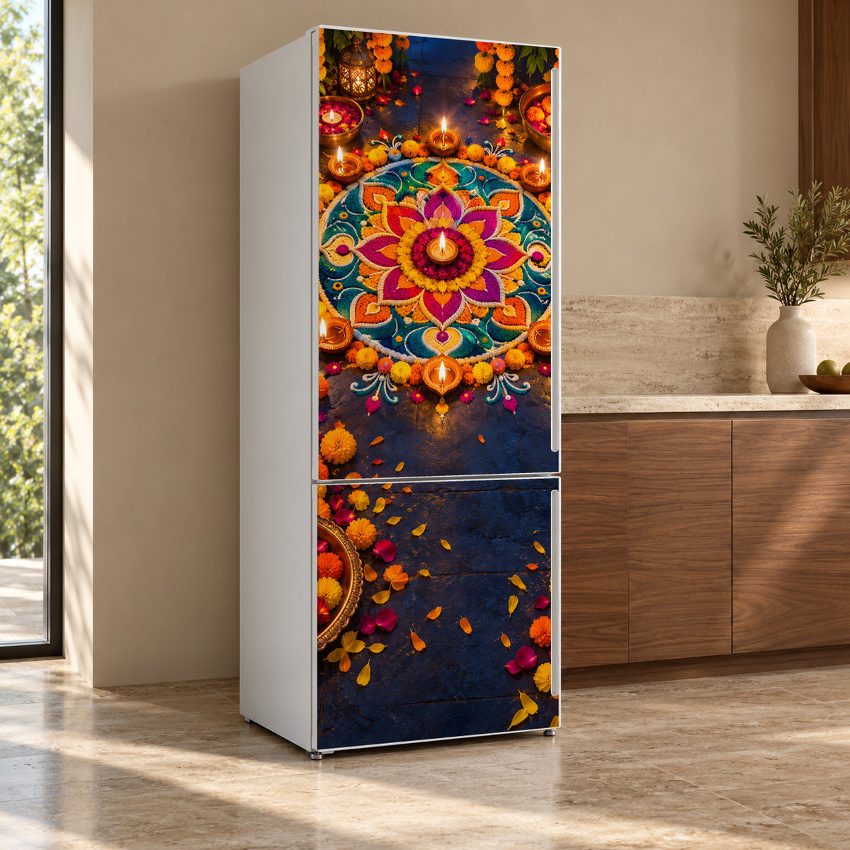 Diwali Lights & Rangoli fridge wrap, refrigerator shown at an angle
