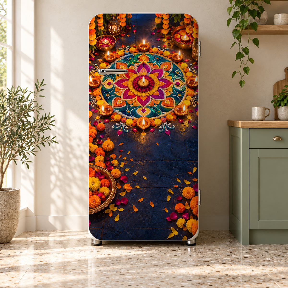 Diwali Lights & Rangoli fridge wrap on a retro refrigerator