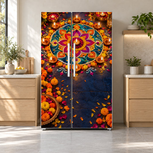 Diwali Lights & Rangoli fridge wrap on a side-by-side refrigerator