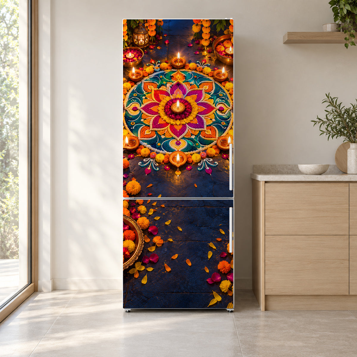 Diwali Lights & Rangoli fridge wrap on a white refrigerator in a bright kitchen