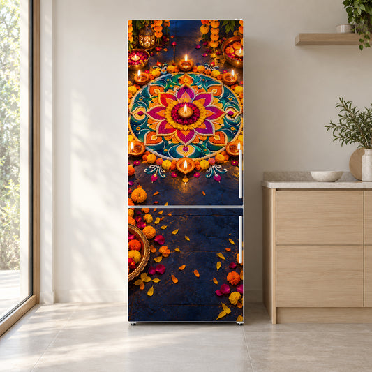 Diwali Lights & Rangoli fridge wrap on a white refrigerator in a bright kitchen