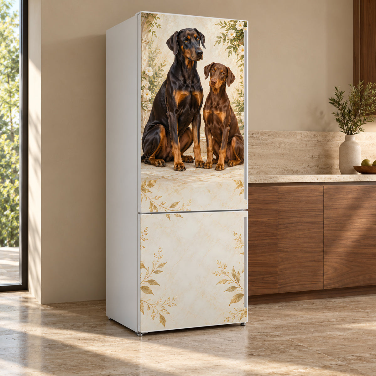Dobermans fridge wrap, refrigerator shown at an angle