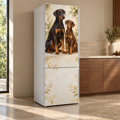 Dobermans fridge wrap, refrigerator shown at an angle