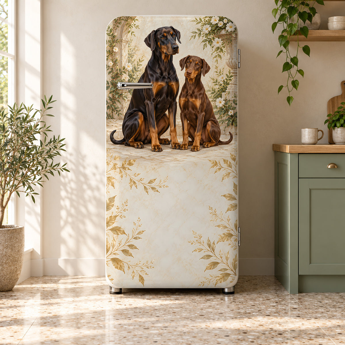 Dobermans fridge wrap on a retro refrigerator