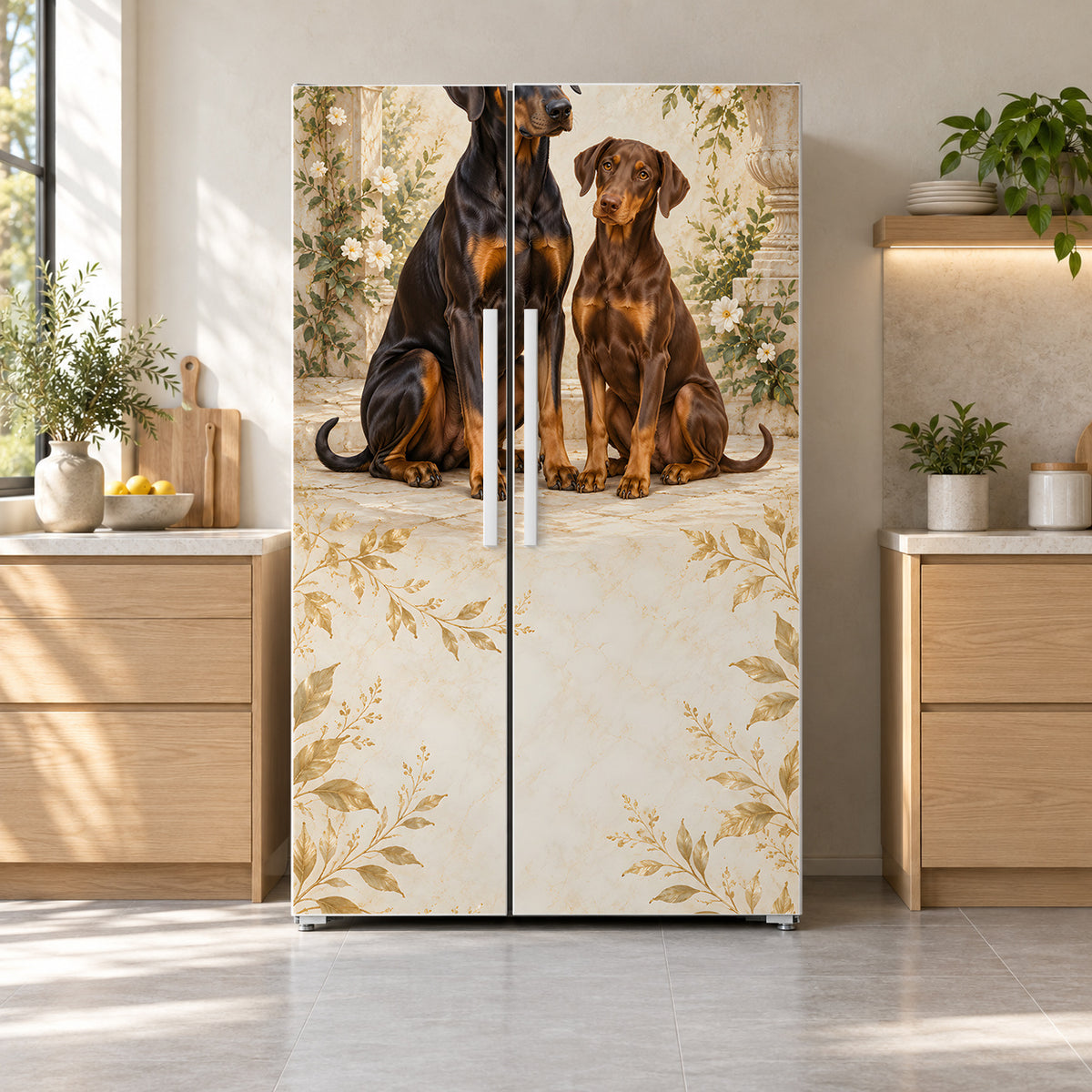 Dobermans fridge wrap on a side-by-side refrigerator