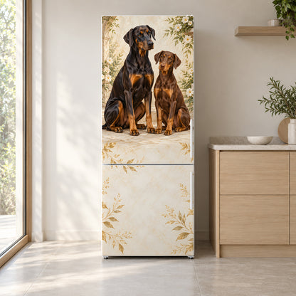 Dobermans fridge wrap on a white refrigerator in a bright kitchen