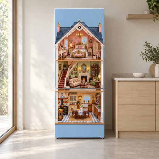 Dollhouse Rooms fridge wrap on a white refrigerator in a bright kitchen