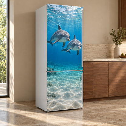 Dolphins fridge wrap, refrigerator shown at an angle