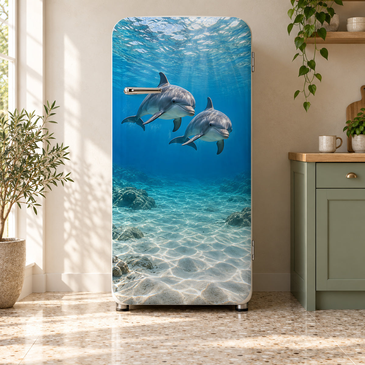 Dolphins fridge wrap on a retro refrigerator