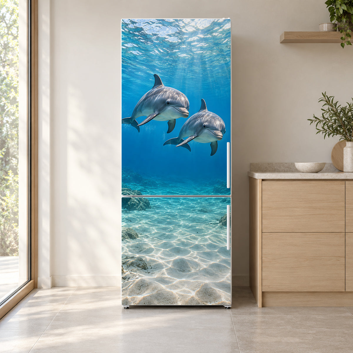 Dolphins fridge wrap on a white refrigerator in a bright kitchen