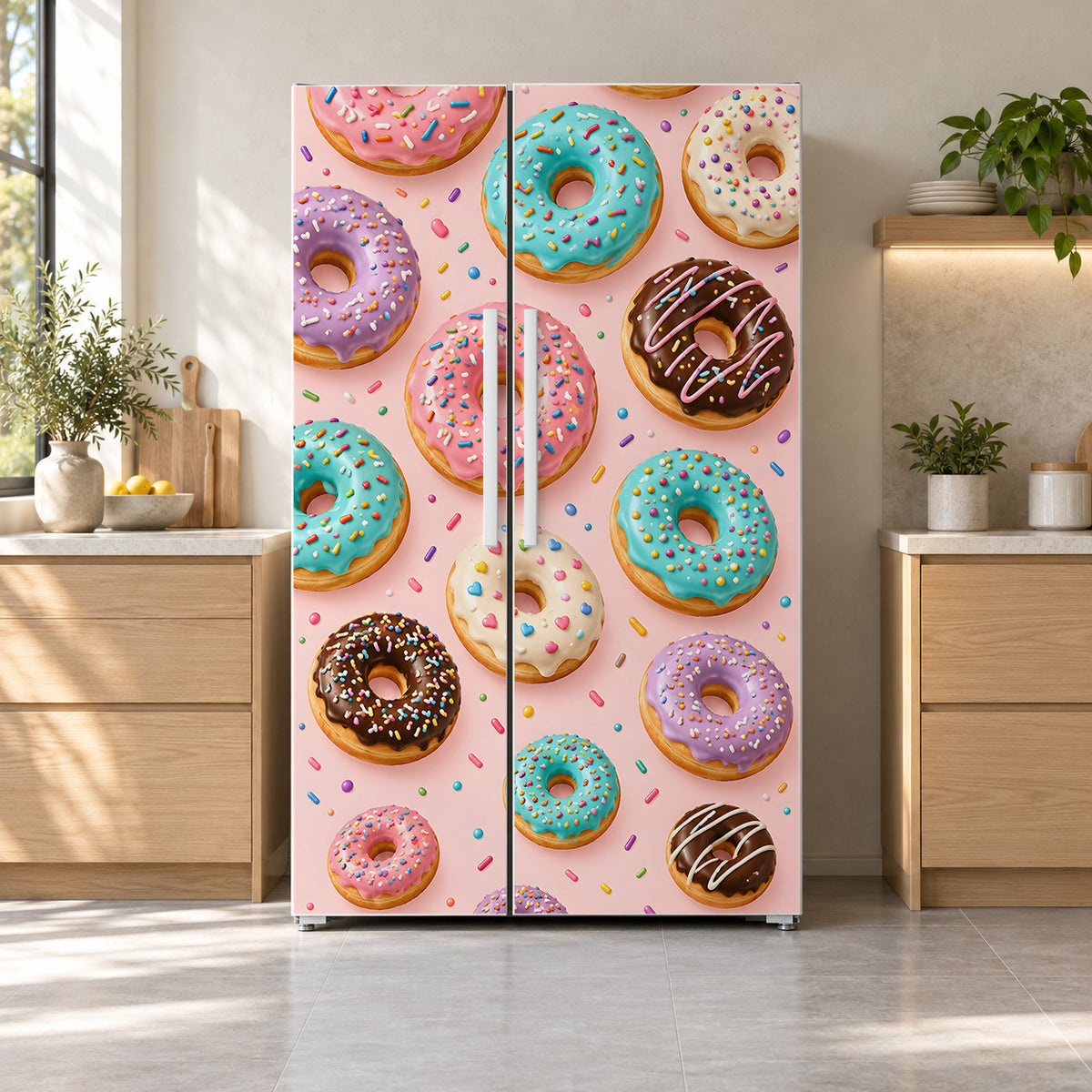 Donuts fridge wrap on a side-by-side refrigerator