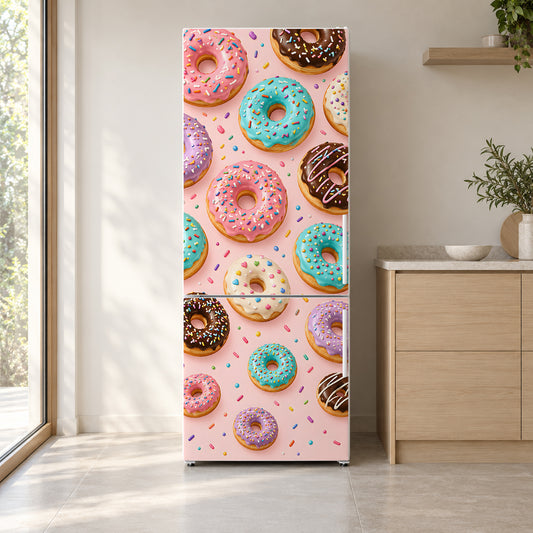 Donuts fridge wrap on a white refrigerator in a bright kitchen