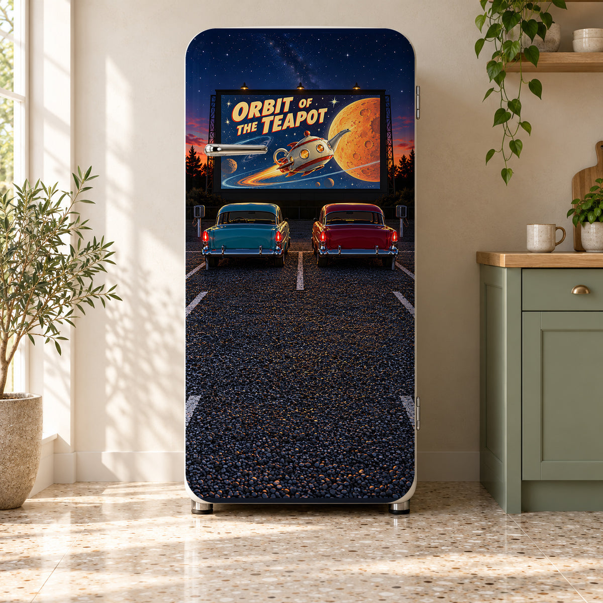 Drive-In Movie Theater fridge wrap on a retro refrigerator