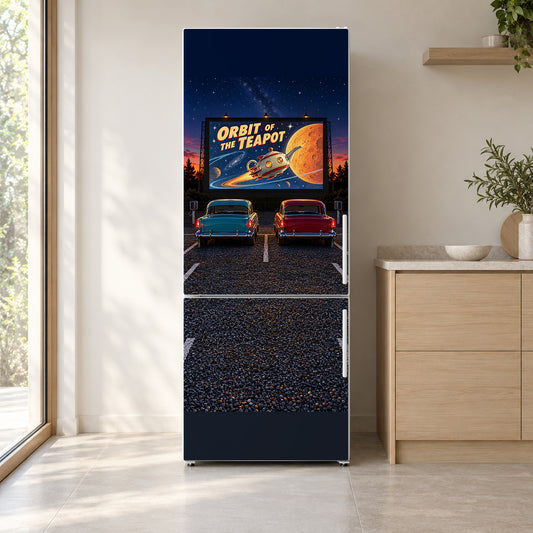 Drive-In Movie Theater fridge wrap on a white refrigerator in a bright kitchen