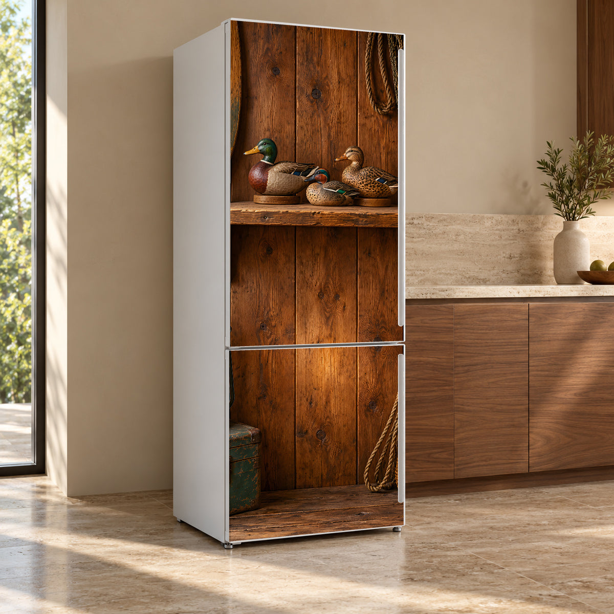 Duck Decoys fridge wrap, refrigerator shown at an angle