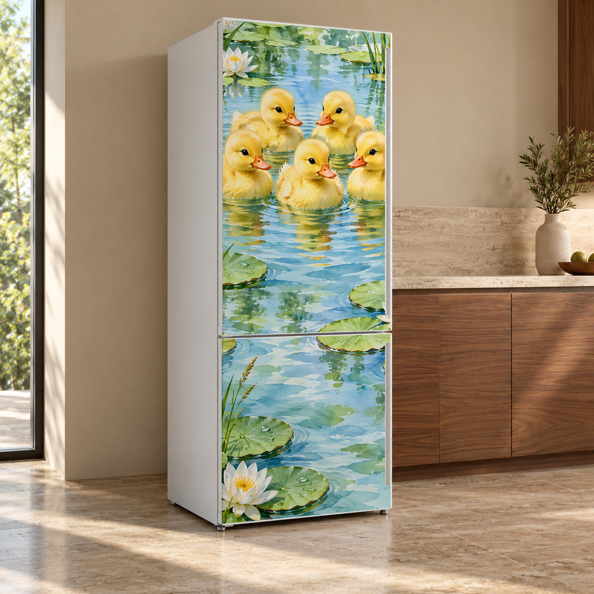 Ducklings in the Pond fridge wrap, refrigerator shown at an angle