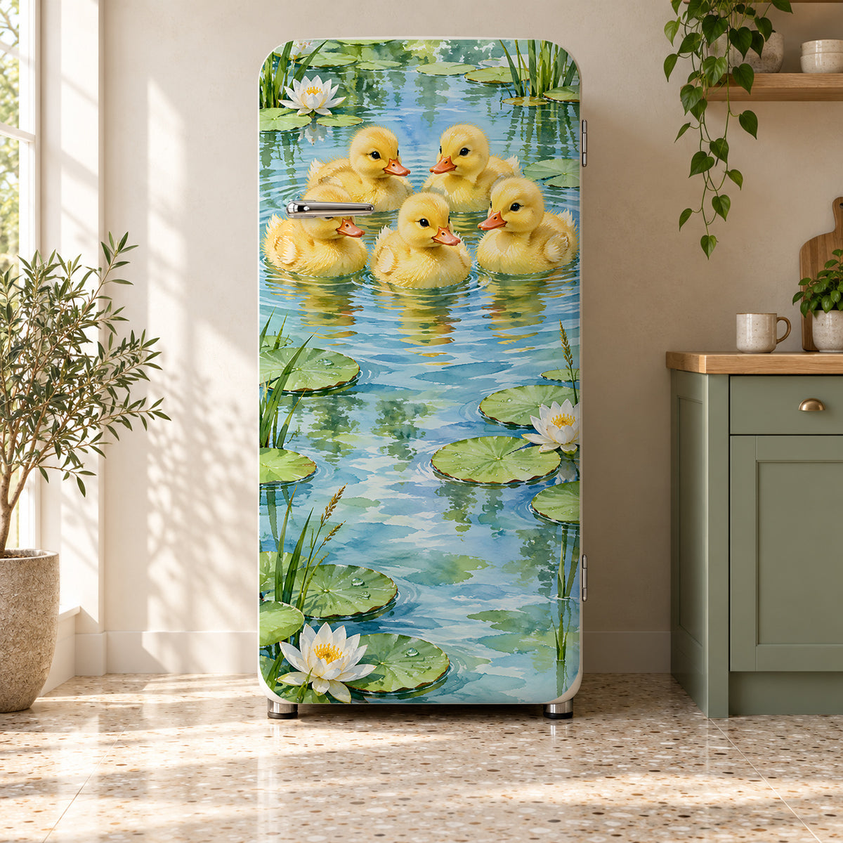 Ducklings in the Pond fridge wrap on a retro refrigerator