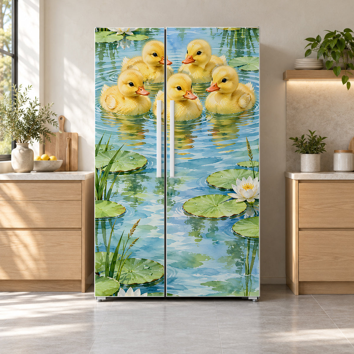 Ducklings in the Pond fridge wrap on a side-by-side refrigerator