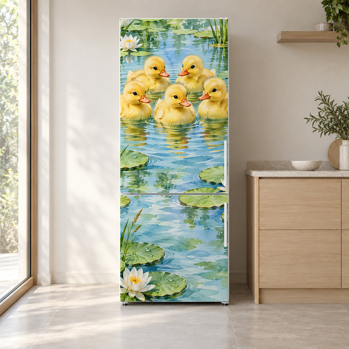 Ducklings in the Pond fridge wrap on a white refrigerator in a bright kitchen